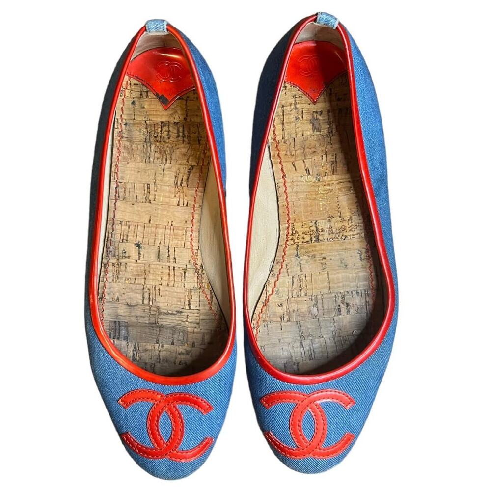 Chanel Shoes Blue Denim Red Leather Ballet Flats Slip-On Round Toe Size 38